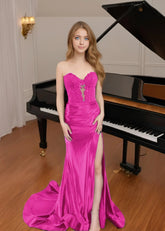 Crystal | Mermaid Navy Blue and Black Lace Strapless Corset Prom Dress with Slit - Fuchsia - PromDressClub